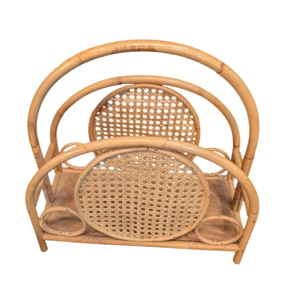 Vintage Edward Hecht Rattan‎ Wicker Magazine Rack Bamboo Cane Boho Floor Caddy